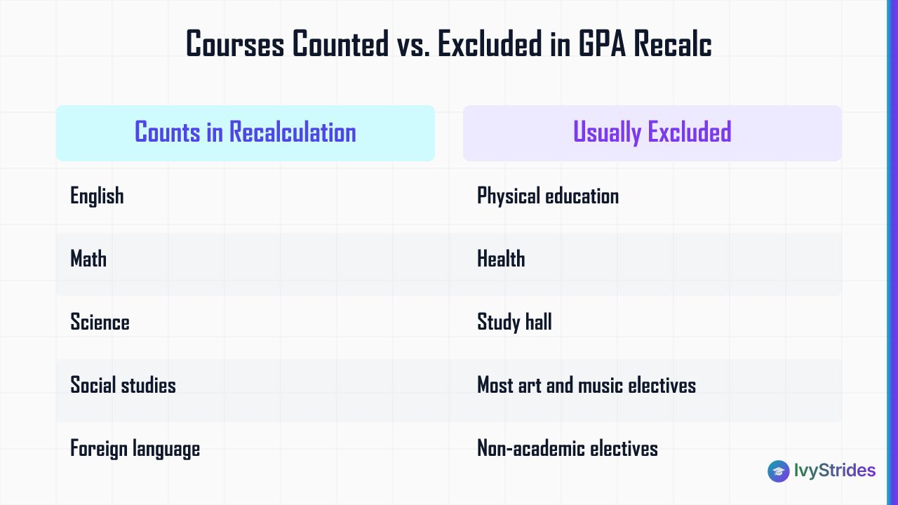 Comparison table showing which high school courses colleges include or exclude when recalculating GPA for admissions