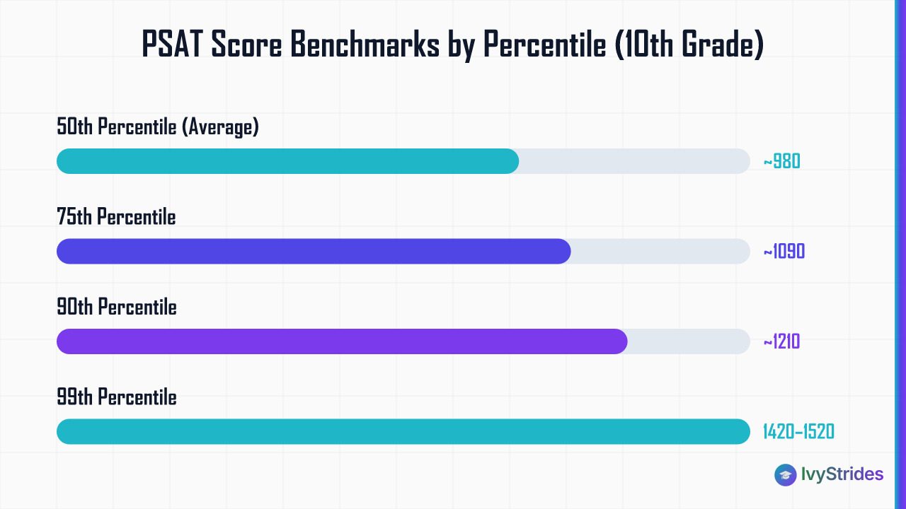 Horizontal bar chart showing PSAT total score benchmarks for 10th graders at the 50th, 75th, 90th, and 99th percentiles.