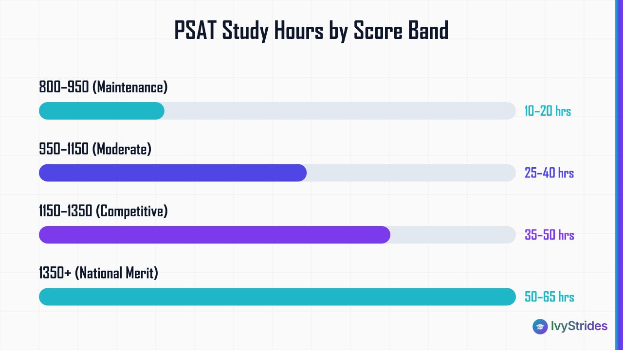 Horizontal bar chart showing PSAT study hours by score band, ranging from 10–20 hrs at 800–950 to 50–65 hrs for National Meri