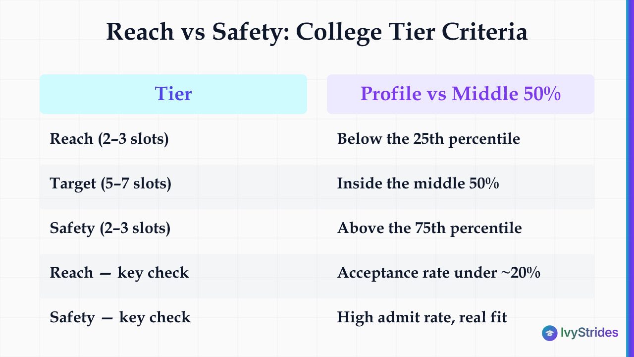 Comparison table showing reach, target, and safety college tiers by profile position within the middle 50% score range