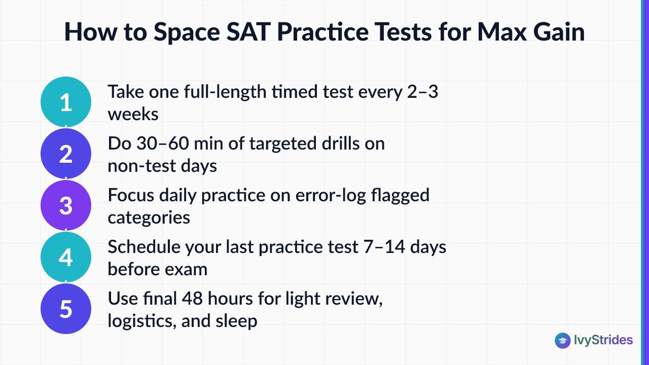 5-step SAT practice test spacing schedule showing cadence, daily drills, error-log focus, and final test timing