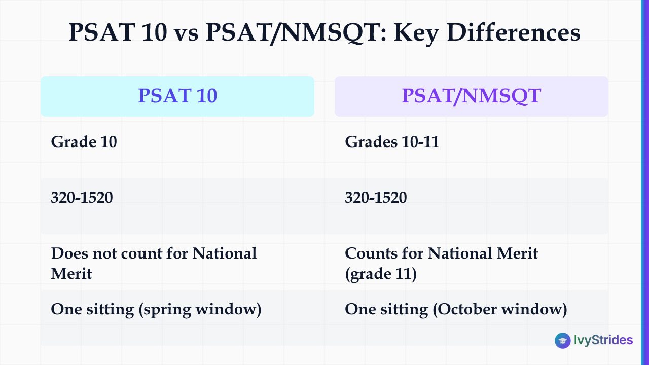 Comparison table of PSAT 10 vs PSAT/NMSQT showing grade level, score range, National Merit eligibility, and testing window