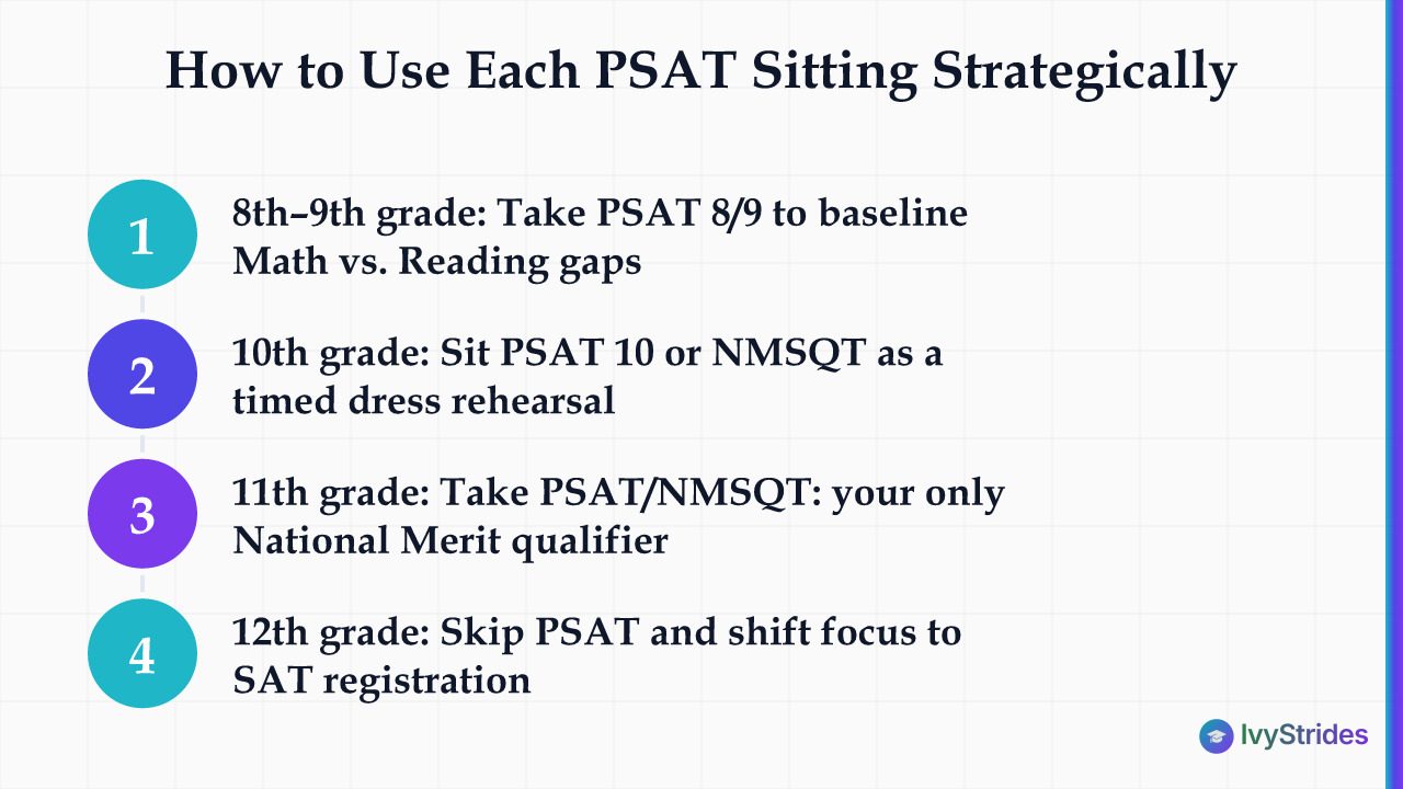4-step diagram showing how to use each PSAT sitting by grade, from baseline in 8th grade to SAT focus in 12th