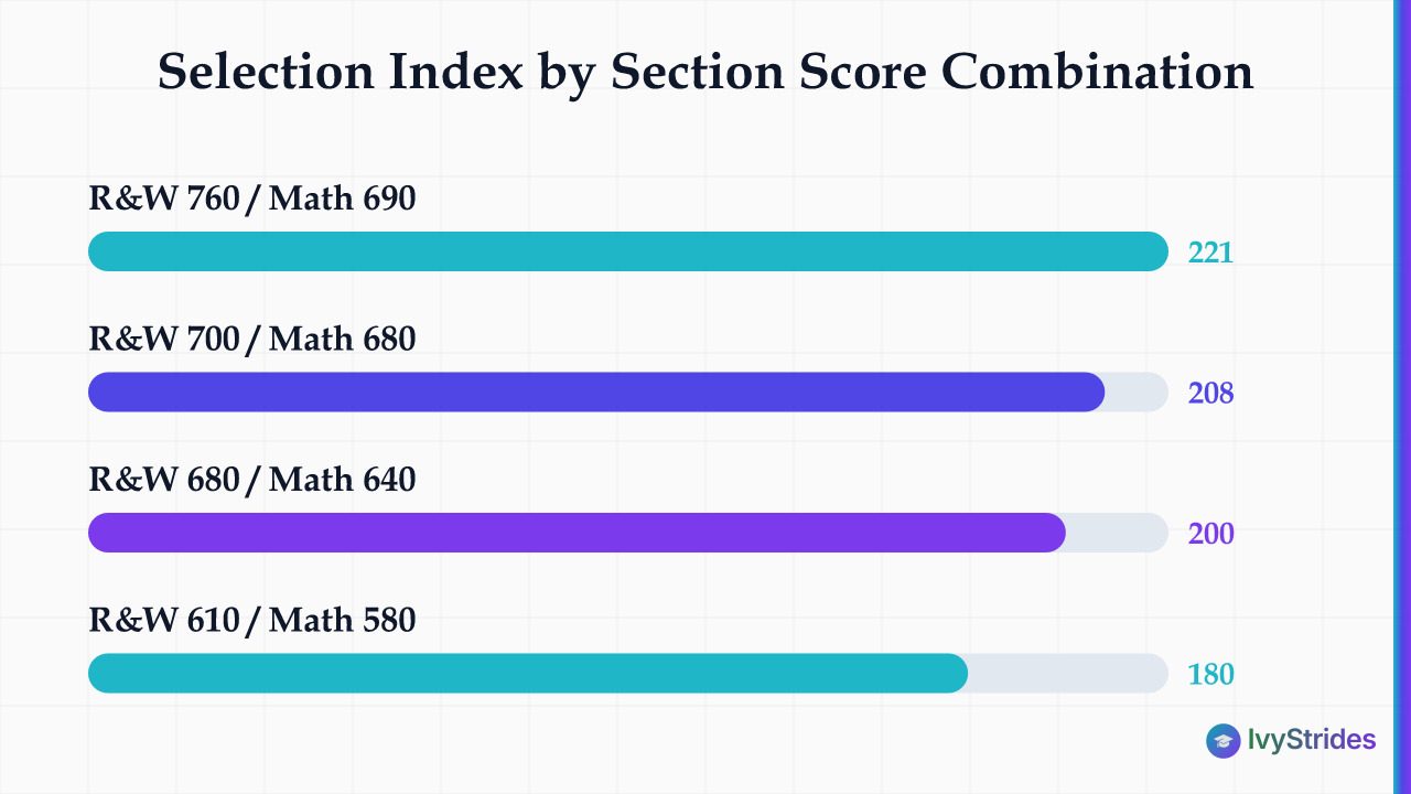 Horizontal bar chart comparing PSAT Selection Index scores from 180 to 221 across four section score combinations for Nationa