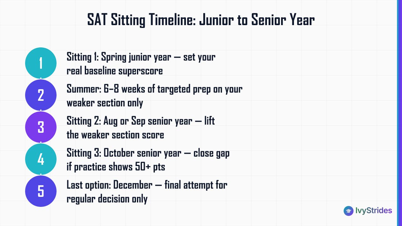 5-step SAT sitting timeline from spring junior year through December senior year for superscoring students