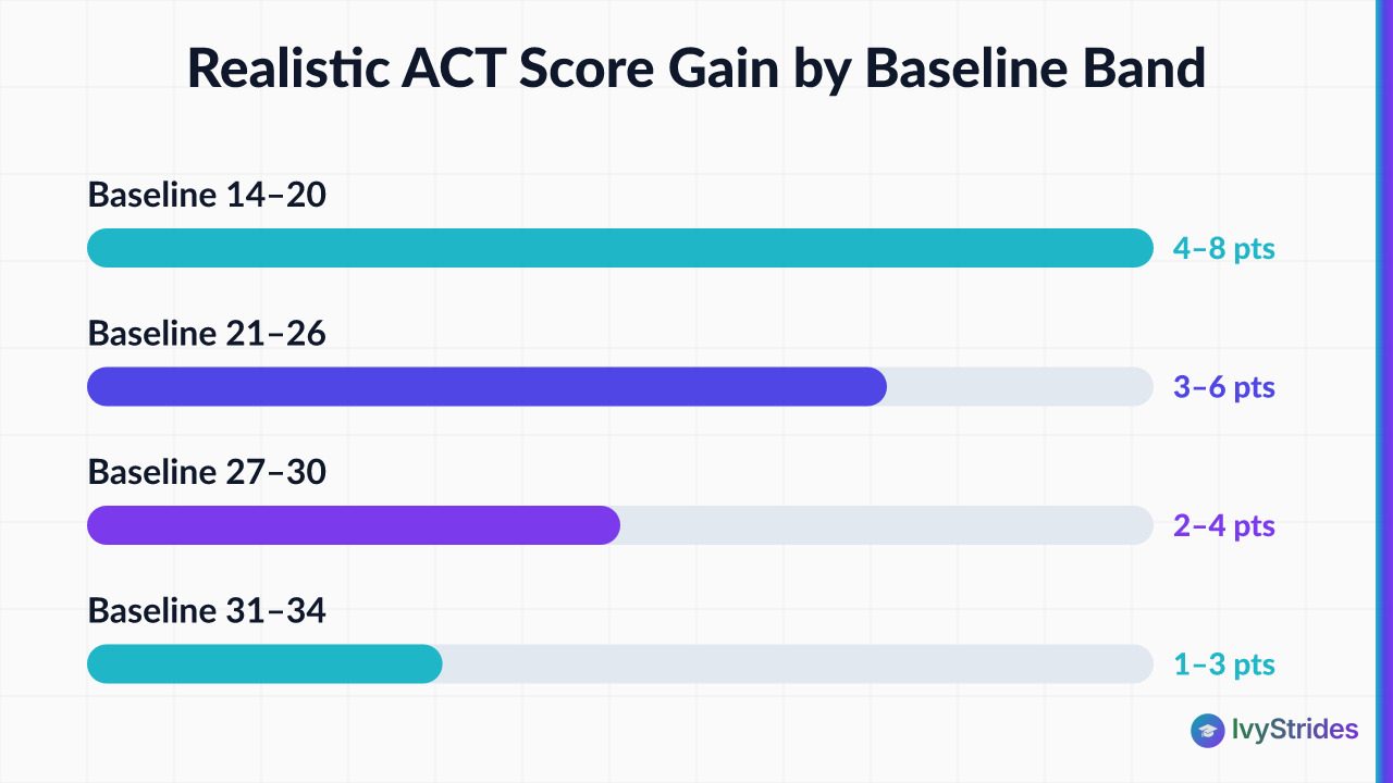 Horizontal bar chart showing realistic ACT composite score gains by baseline band, ranging from 4–8 points at low scores to 1