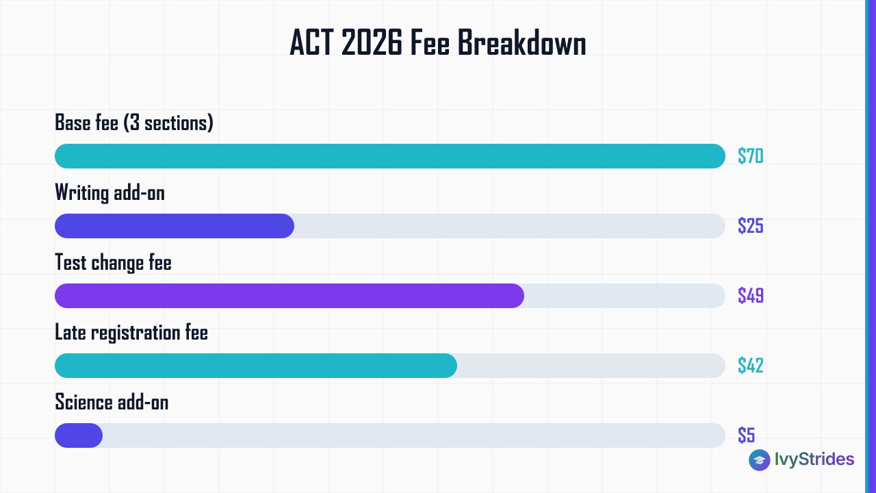 Horizontal bar chart comparing 2026 ACT fees: base fee $70, test change $49, late fee $42, Writing add-on $25, Science $5