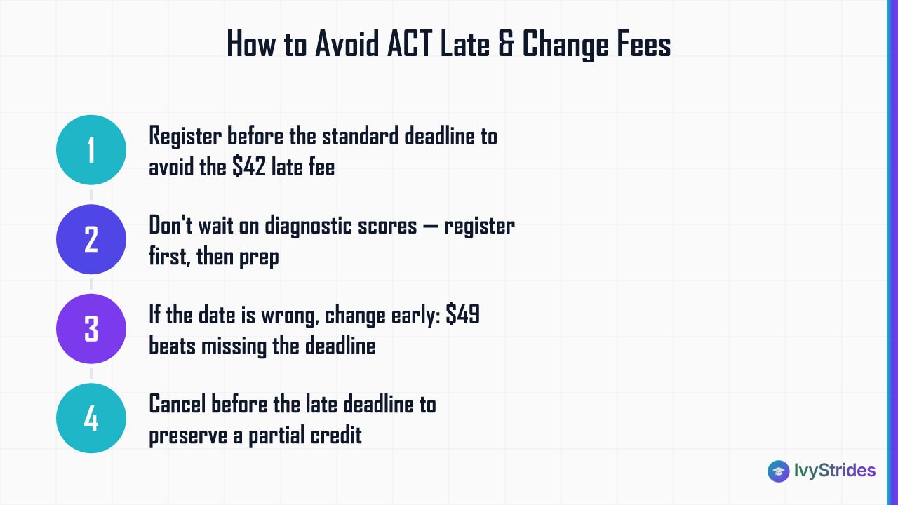 4-step process showing how to avoid ACT late registration and test change fees in 2026