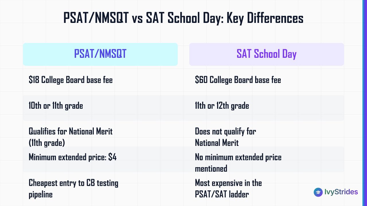 Comparison table showing PSAT/NMSQT at $18 vs SAT School Day at $60, including grade levels and National Merit eligibility