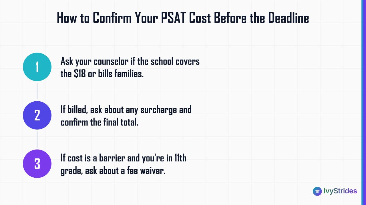 3-step process to confirm PSAT cost: check school coverage, ask about surcharges, and request a fee waiver if needed.