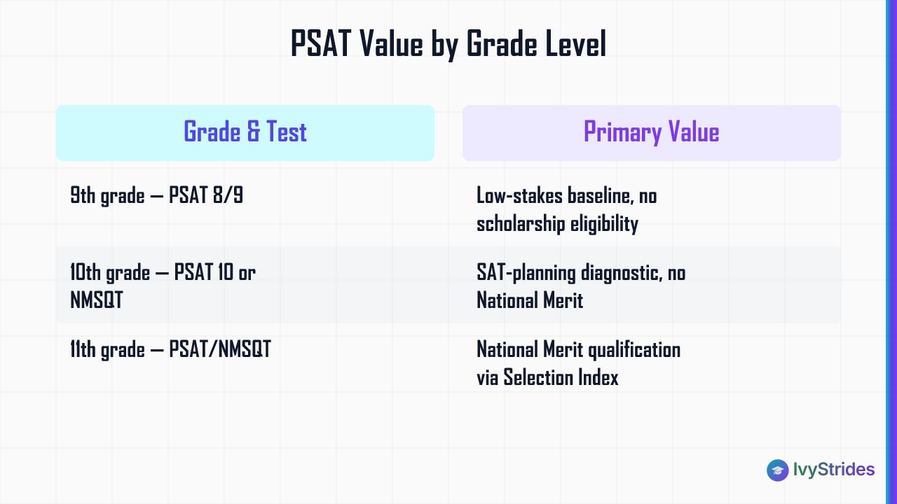 Comparison table showing PSAT value by grade: 9th baseline, 10th diagnostic, 11th National Merit eligibility