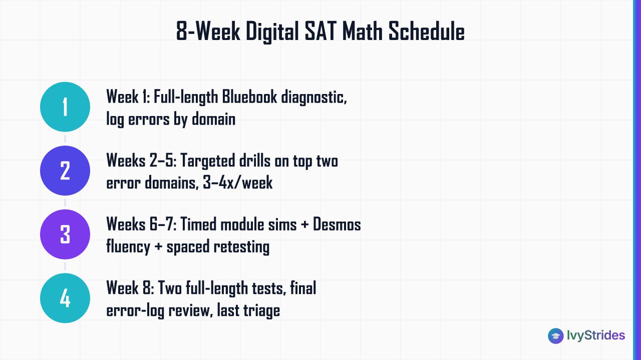 4-step 8-week Digital SAT Math study schedule from diagnostic to full practice tests