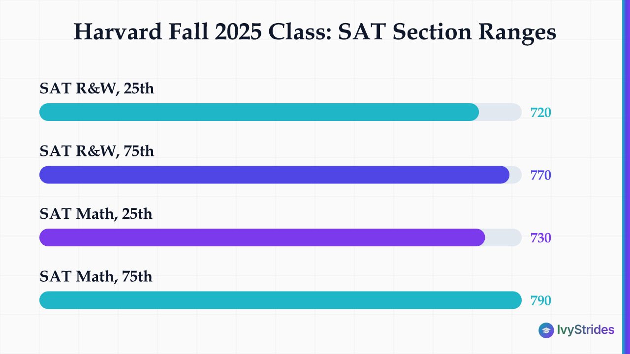 Bar chart showing Harvard enrolled student SAT section ranges and ACT composite median from CDS 2025-26