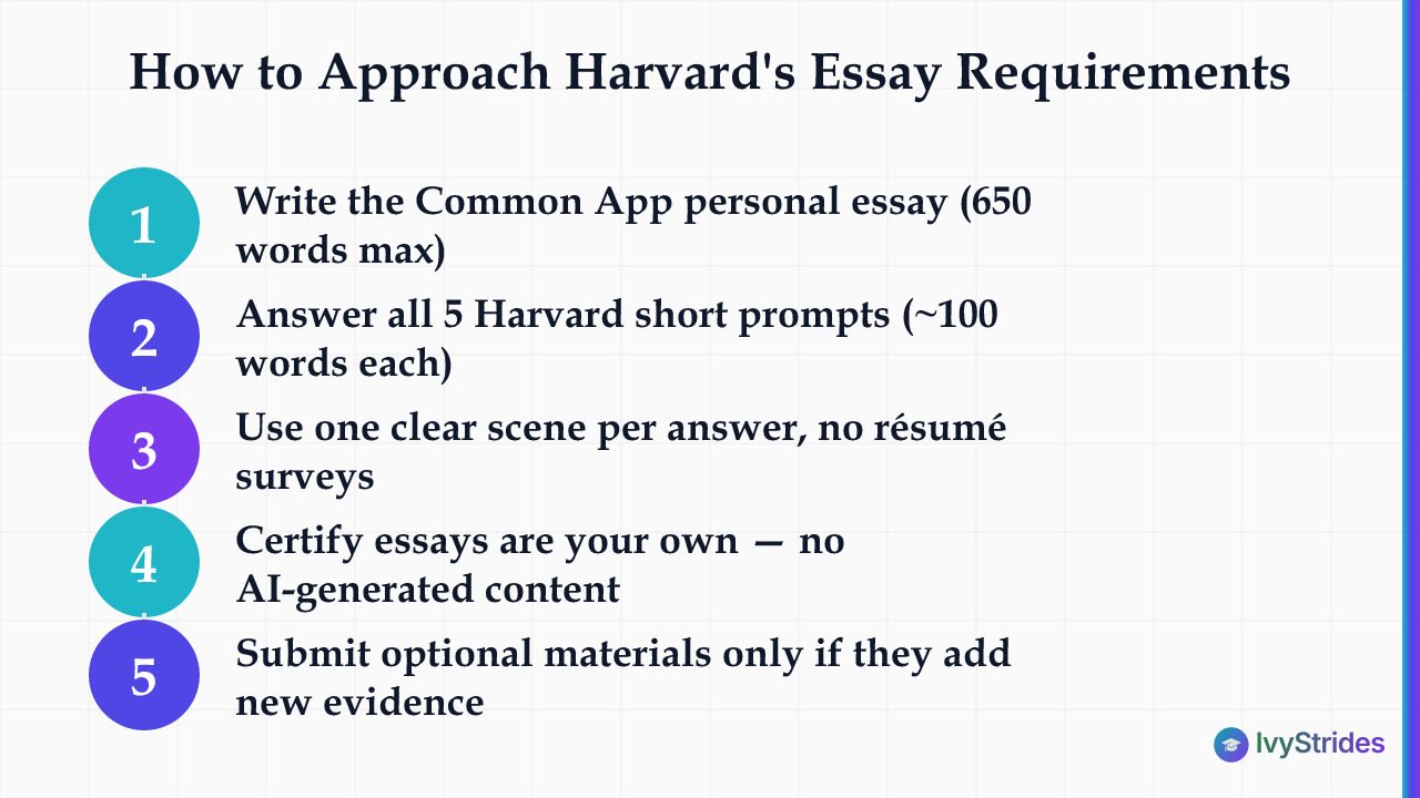 5-step diagram showing how to approach Harvard's supplement and essays for the 2026-27 application cycle
