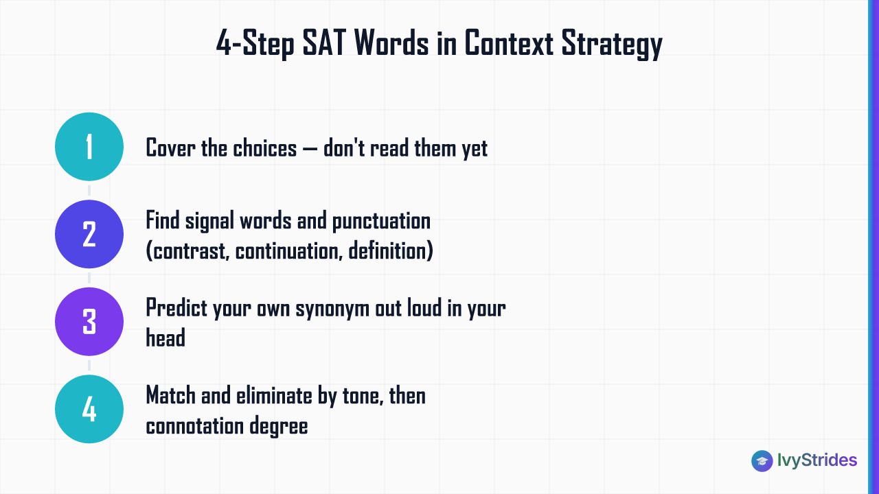 4-step SAT Words in Context strategy: cover choices, find signals, predict a word, match and eliminate by tone