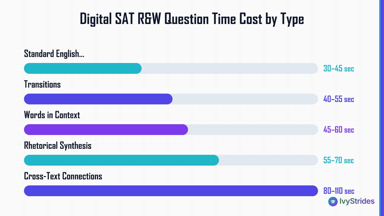 Horizontal bar chart comparing typical time in seconds for 5 Digital SAT Reading and Writing question types, from 38 to 95 se