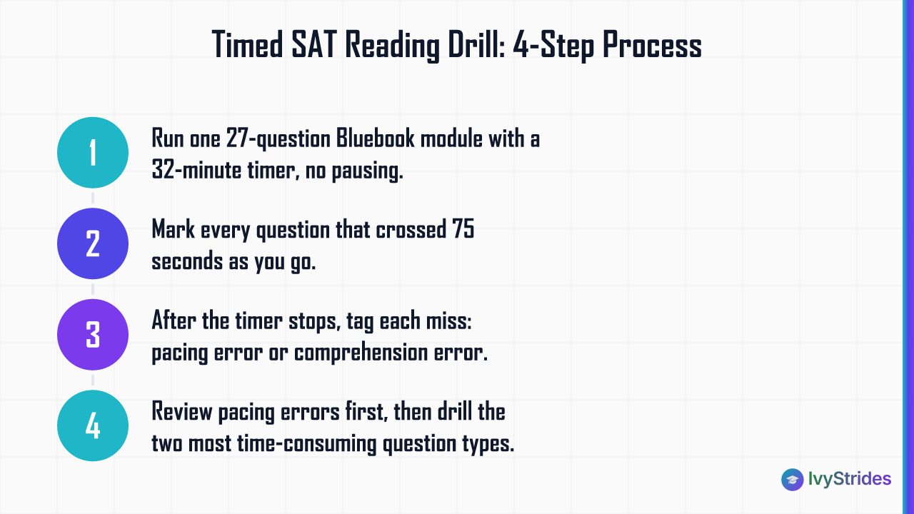 4-step timed SAT Reading drill process: run module, flag slow questions, tag errors, review pacing misses first