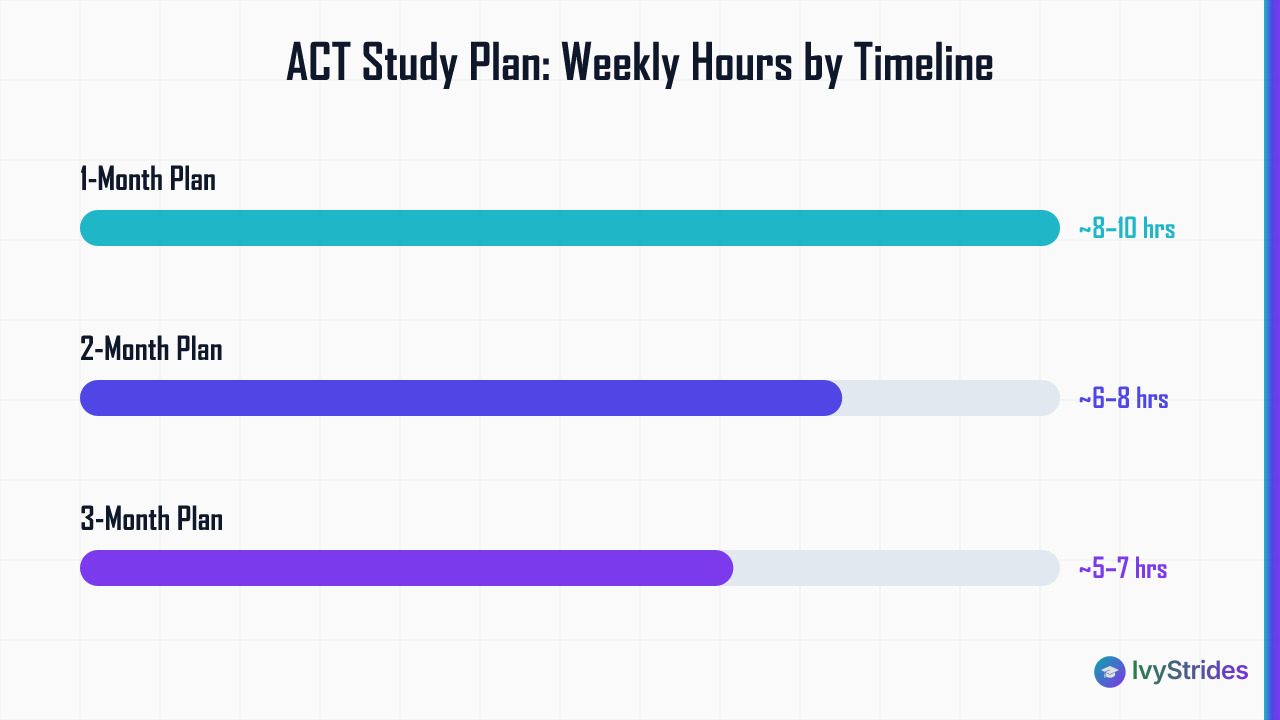 Horizontal bar chart comparing weekly study hours for 1-month, 2-month, and 3-month ACT study plans