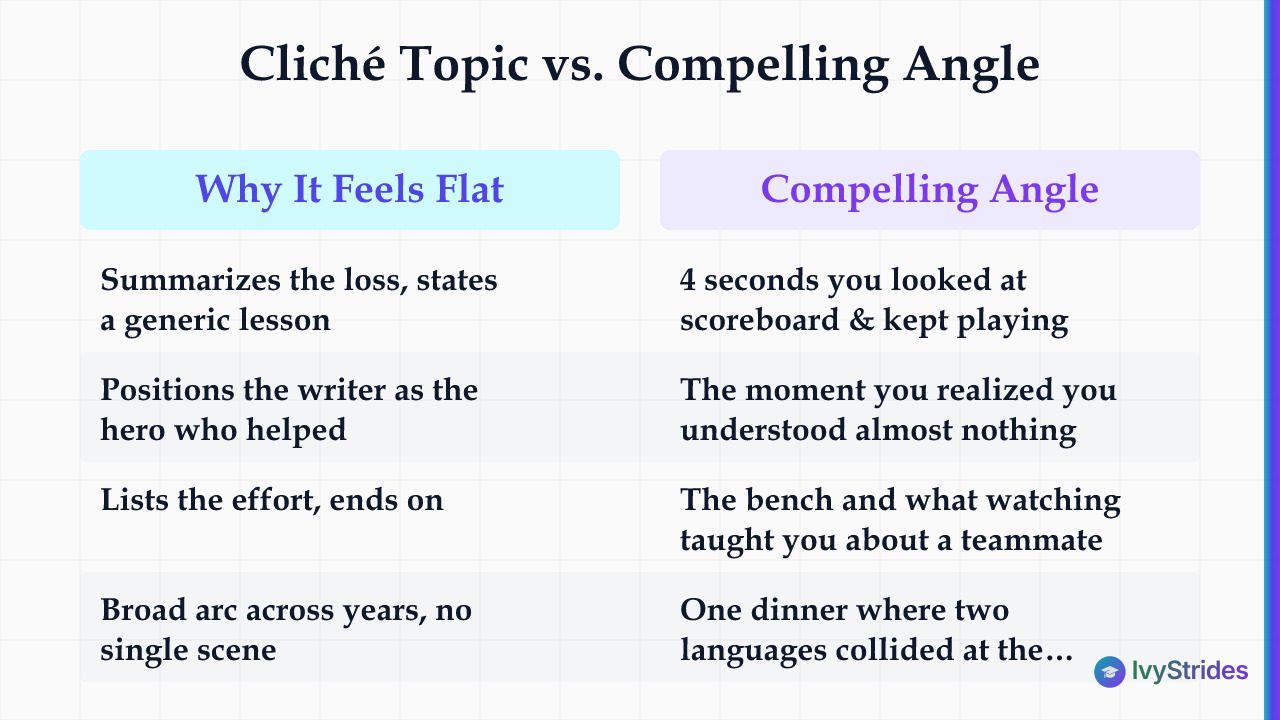 Comparison table showing why common college essay topics feel flat versus a compelling specific angle for each topic