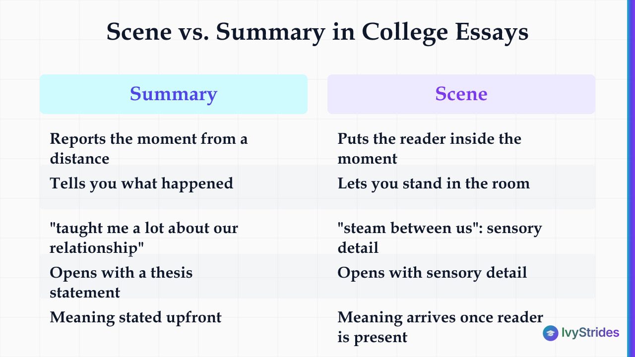 Comparison table showing scene vs summary writing techniques for compelling college essays with examples