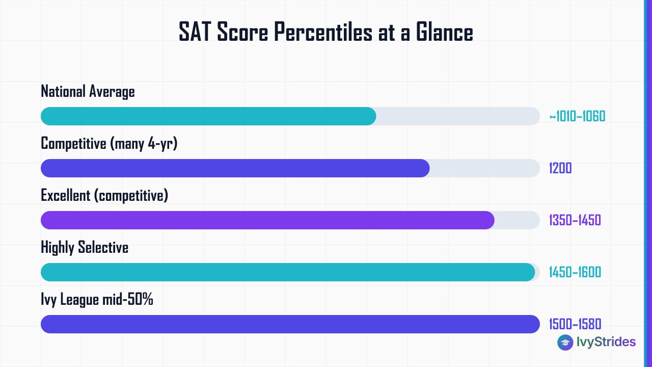 Horizontal bar chart showing SAT score benchmarks from national average (~1035) to Ivy League mid-50% range (1500–1580)