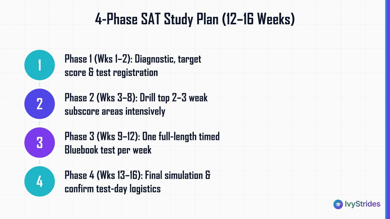 4-phase SAT study plan framework spanning 12 to 16 weeks for international students, from diagnostic to test-day prep