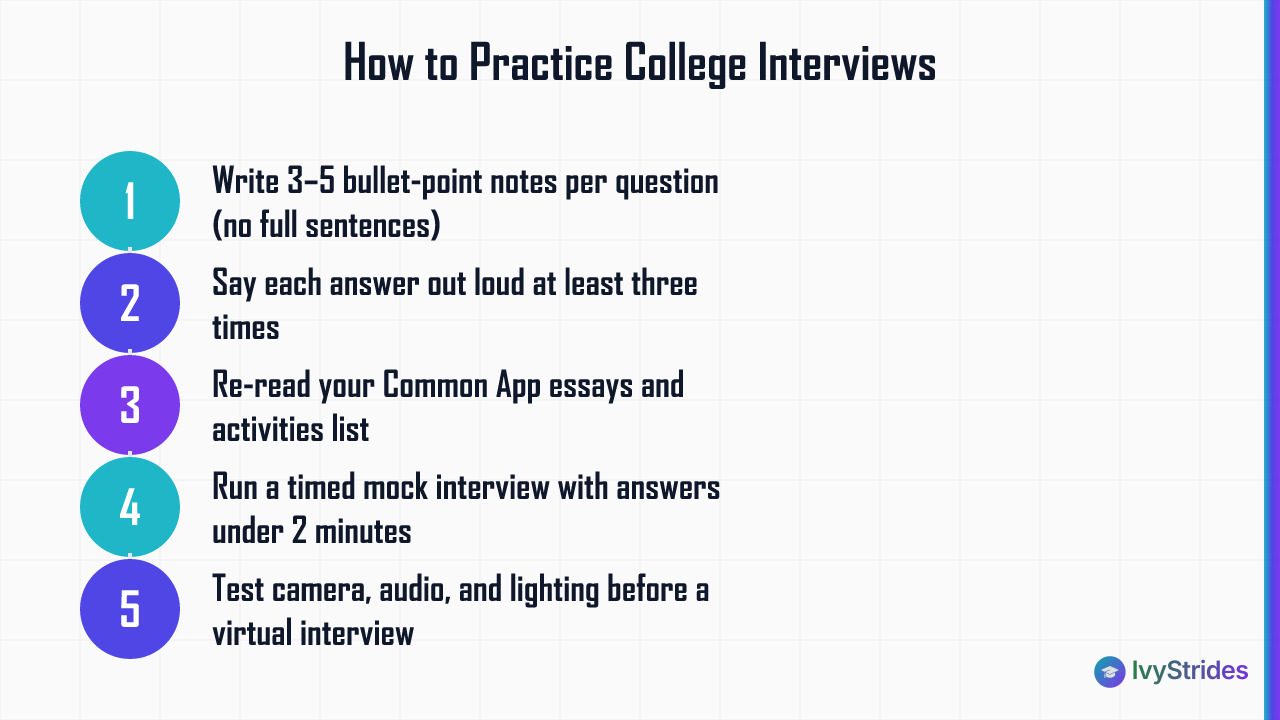 5-step process for practicing college interview answers without sounding scripted, from bullet notes to mock interviews