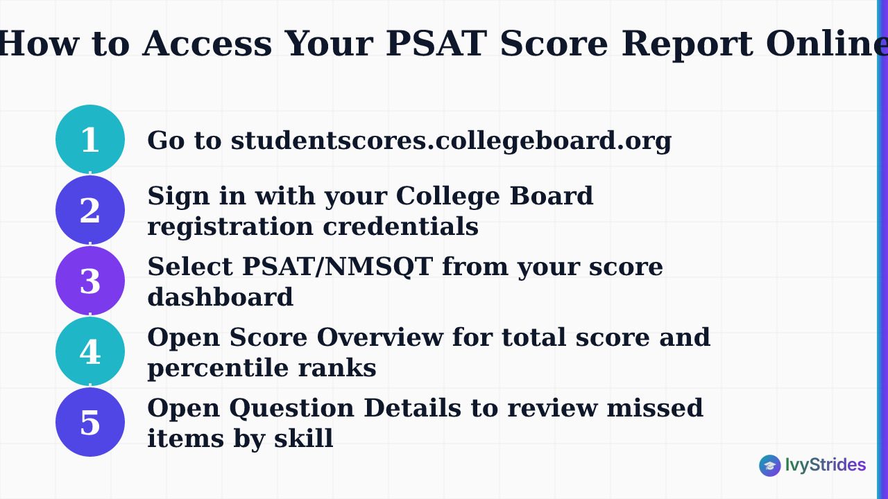 5-step diagram showing how to access and navigate your PSAT score report on the College Board website