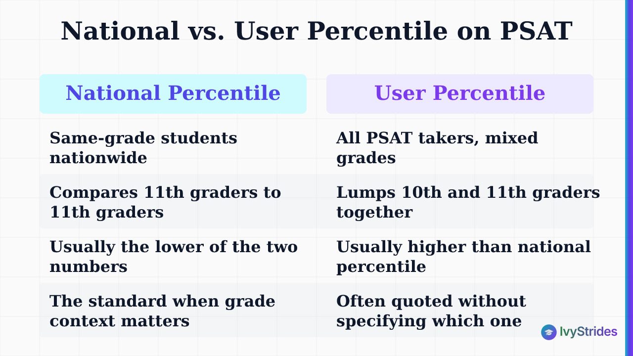 Comparison table showing differences between PSAT national percentile rank and user percentile rank across four key dimension