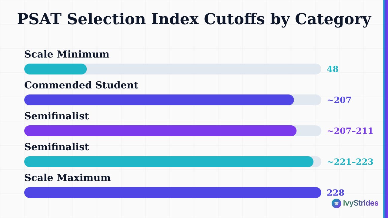 Bar chart showing PSAT Selection Index cutoffs from 48 minimum to 228 maximum, with Commended at ~207 and Semifinalist rangin