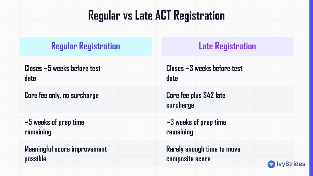 Comparison table showing ACT regular vs late registration deadlines, costs, and prep time implications for 2025-2026