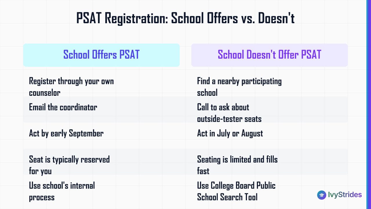 Comparison table showing PSAT registration steps for students whose school offers the test versus those who must find a host