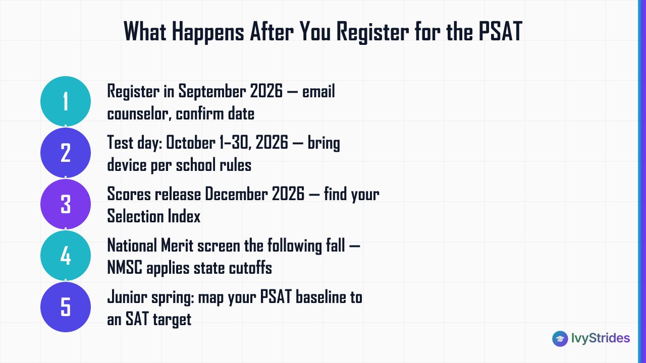 5-step timeline showing what happens after PSAT registration, from test day to National Merit screening and SAT planning