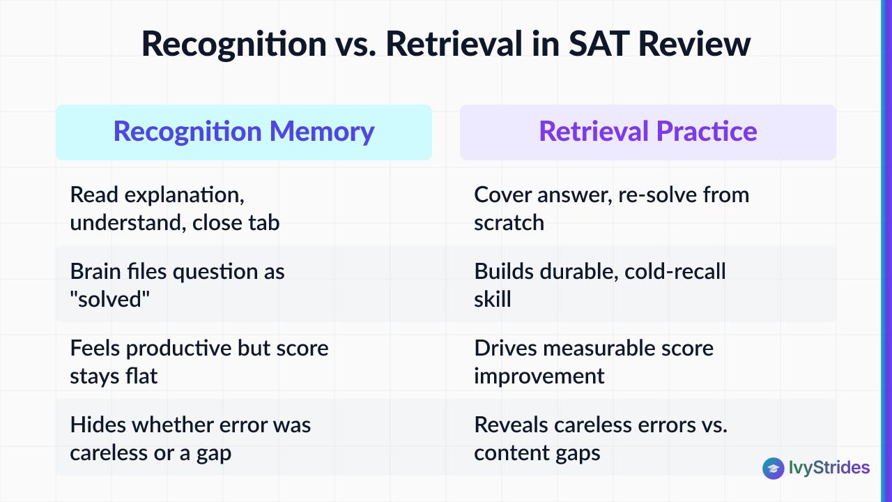 Comparison table showing recognition memory SAT review vs retrieval practice re-solve technique and their impact on score imp