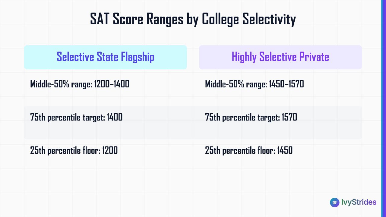 Comparison table of SAT middle-50% score ranges and 75th percentile targets for selective vs highly selective colleges