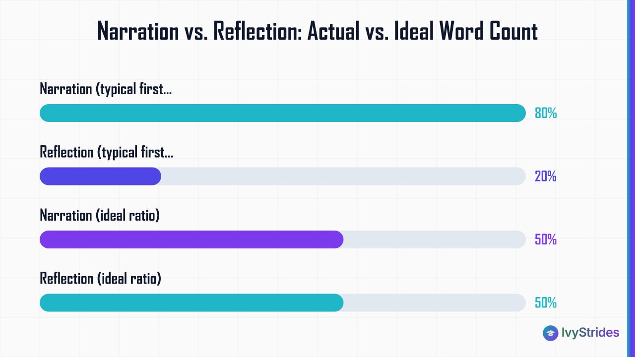 Bar chart comparing typical first draft narration vs reflection ratio (80/20) to the ideal 50/50 split in Common App essays