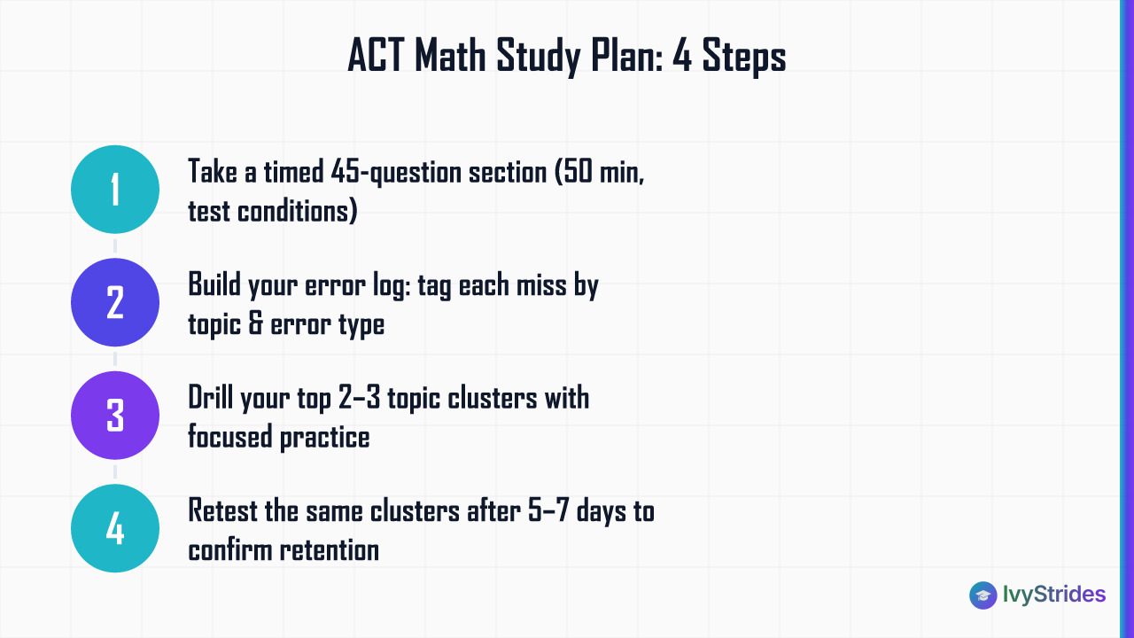 4-step ACT Math study plan diagram: diagnose, log errors, drill top topics, retest after 5-7 days