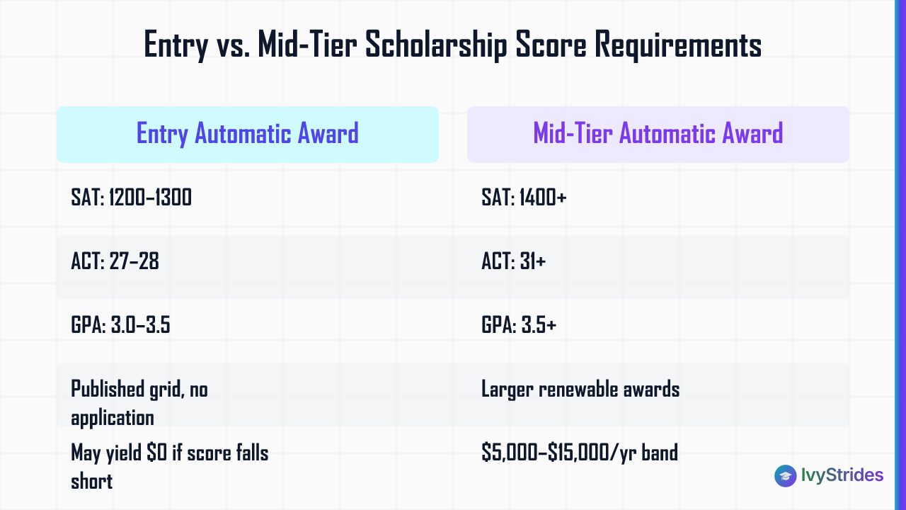 Comparison table of entry-level vs mid-tier merit scholarship SAT, ACT, and GPA requirements for automatic awards