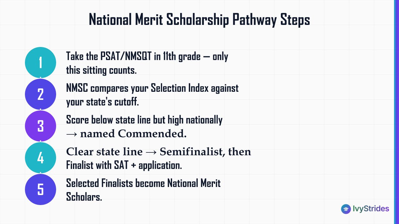 5-step diagram showing the National Merit Scholarship pathway from junior-year PSAT to Scholar selection