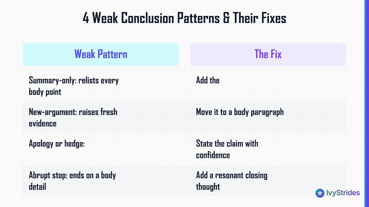Comparison table of four weak conclusion patterns versus their fixes, including summary-only, new-argument, hedge, and abrupt
