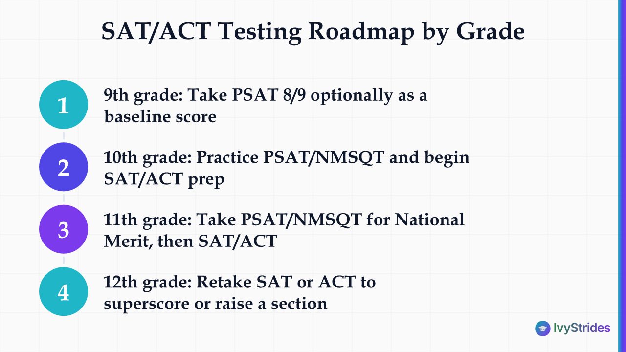 4-step grade-by-grade SAT and ACT testing roadmap from 9th through 12th grade for college planning