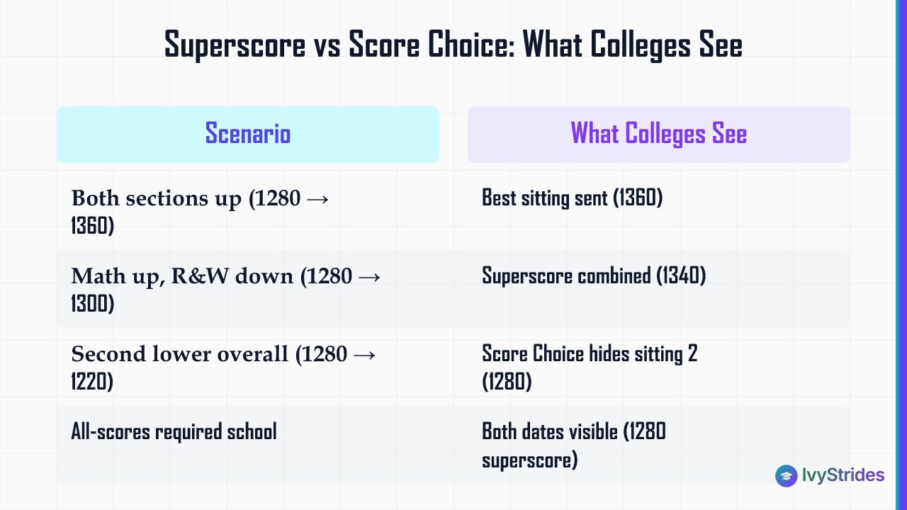 Comparison table showing how superscore and Score Choice affect what colleges see across four SAT retake scenarios