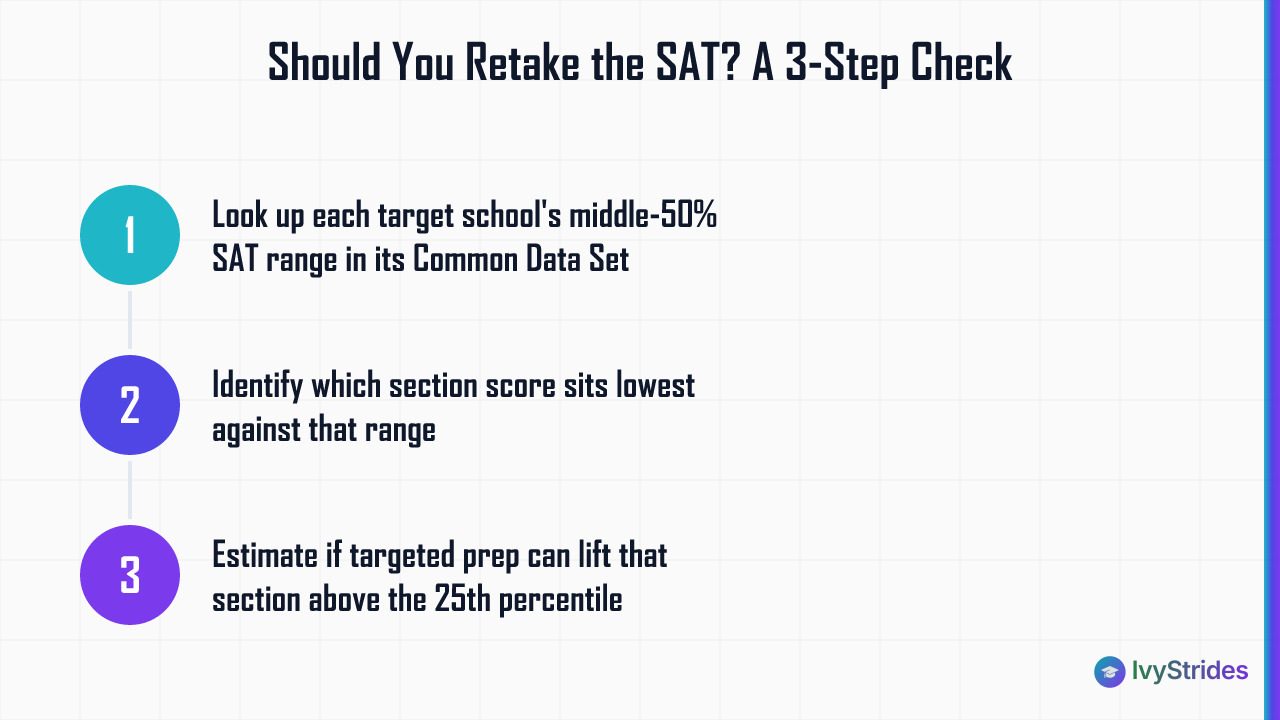 3-step SAT retake decision framework: check middle-50% range, find weakest section, estimate realistic score gain