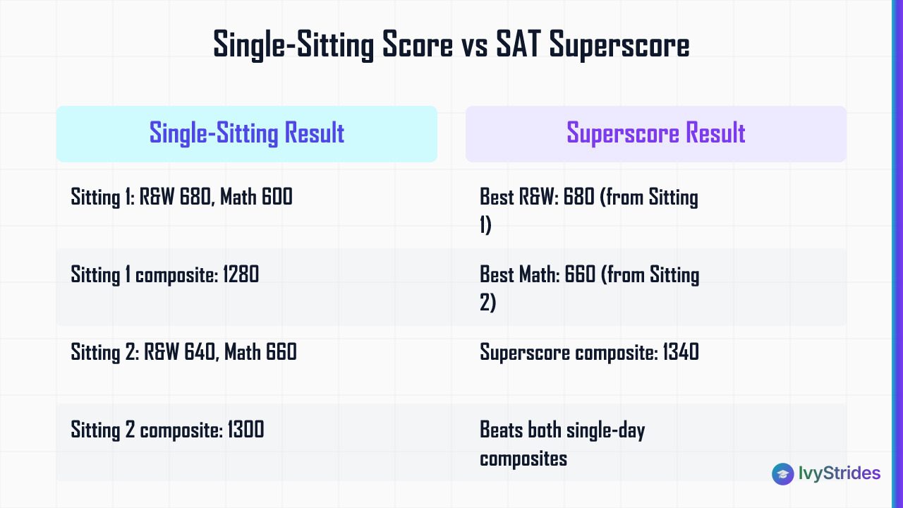 Comparison table showing SAT single-sitting composites of 1280 and 1300 versus a superscore of 1340 combining best section sc