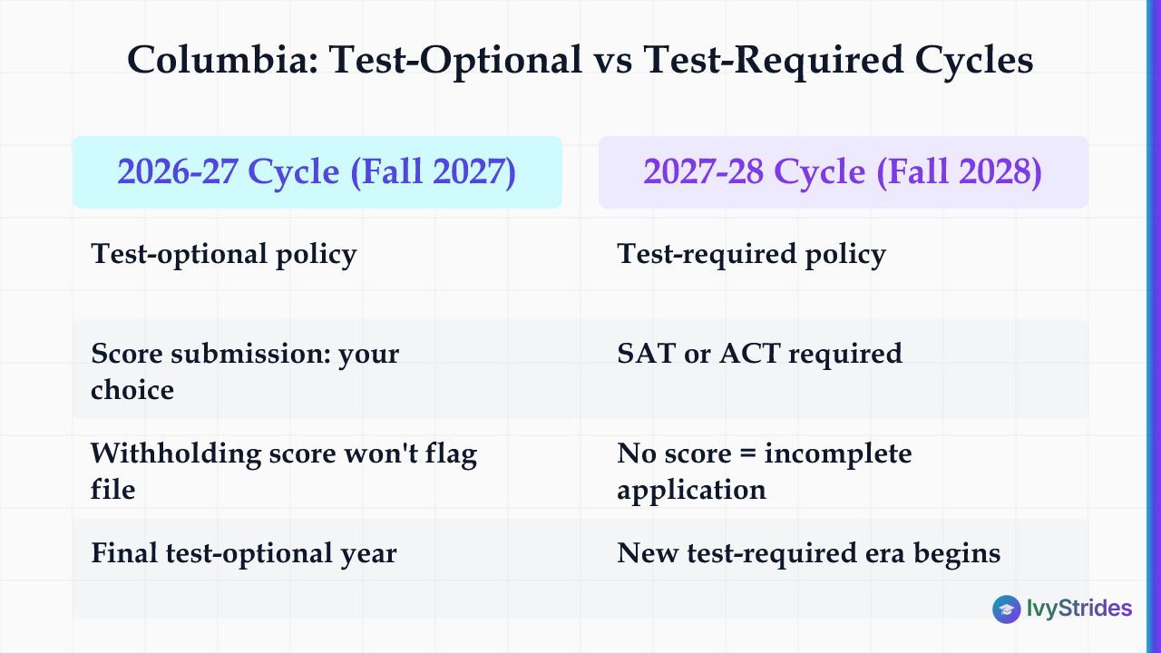 Comparison table showing Columbia's test-optional 2026-27 cycle vs test-required 2027-28 cycle for admissions