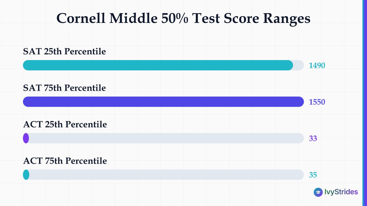 Bar chart showing Cornell's middle 50% SAT range of 1490-1550 and ACT range of 33-35 for enrolled students