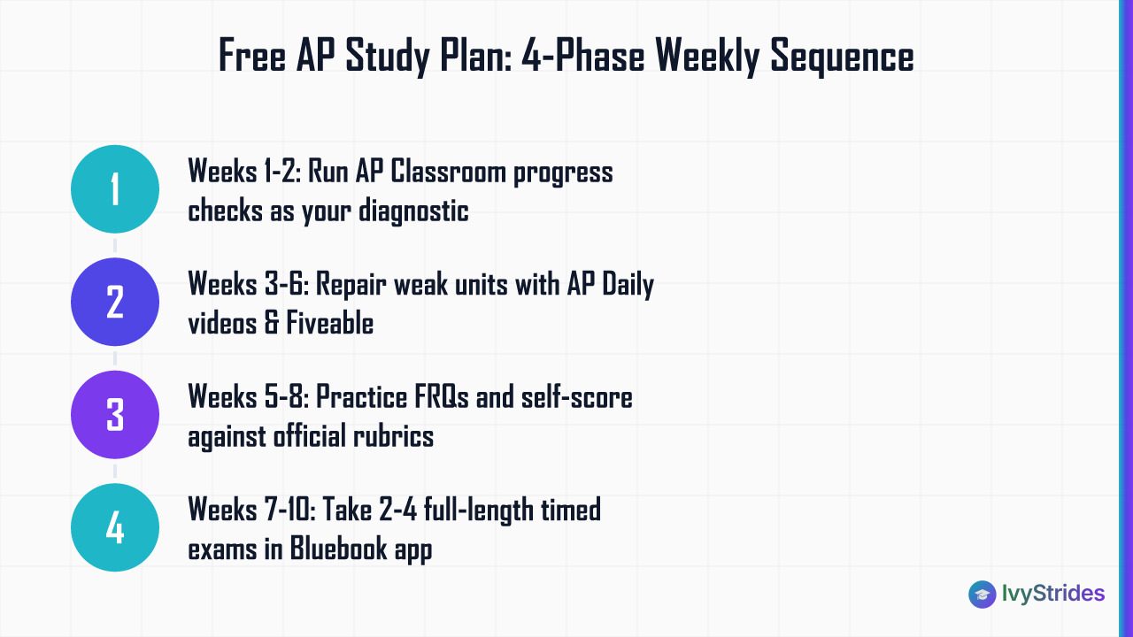 4-step free AP study plan showing weekly phases from diagnostic baseline to full-length timed practice exams