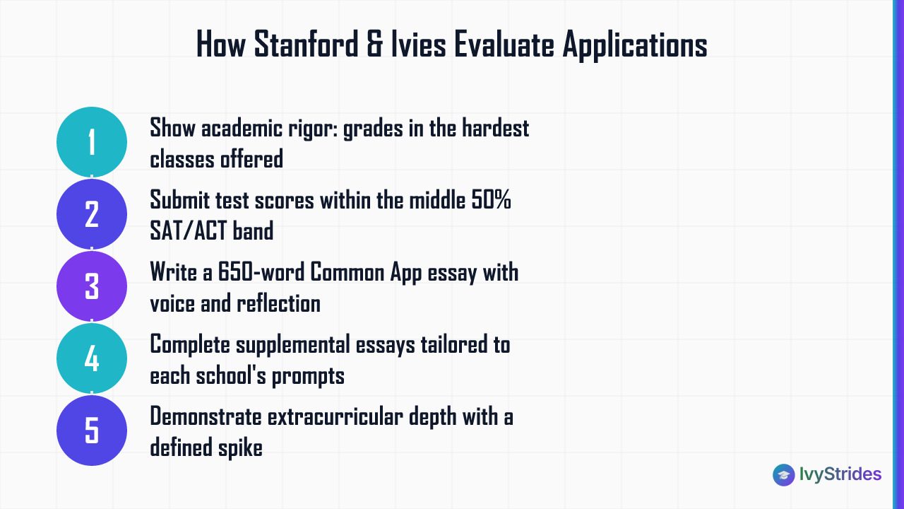 5-step diagram showing how Stanford and Ivy League schools evaluate applications from rigor to extracurriculars