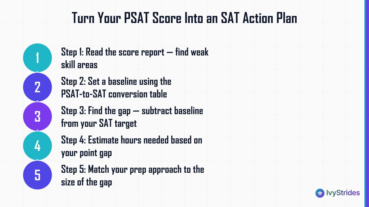 5-step diagram showing how to convert a PSAT score into a concrete SAT prep action plan