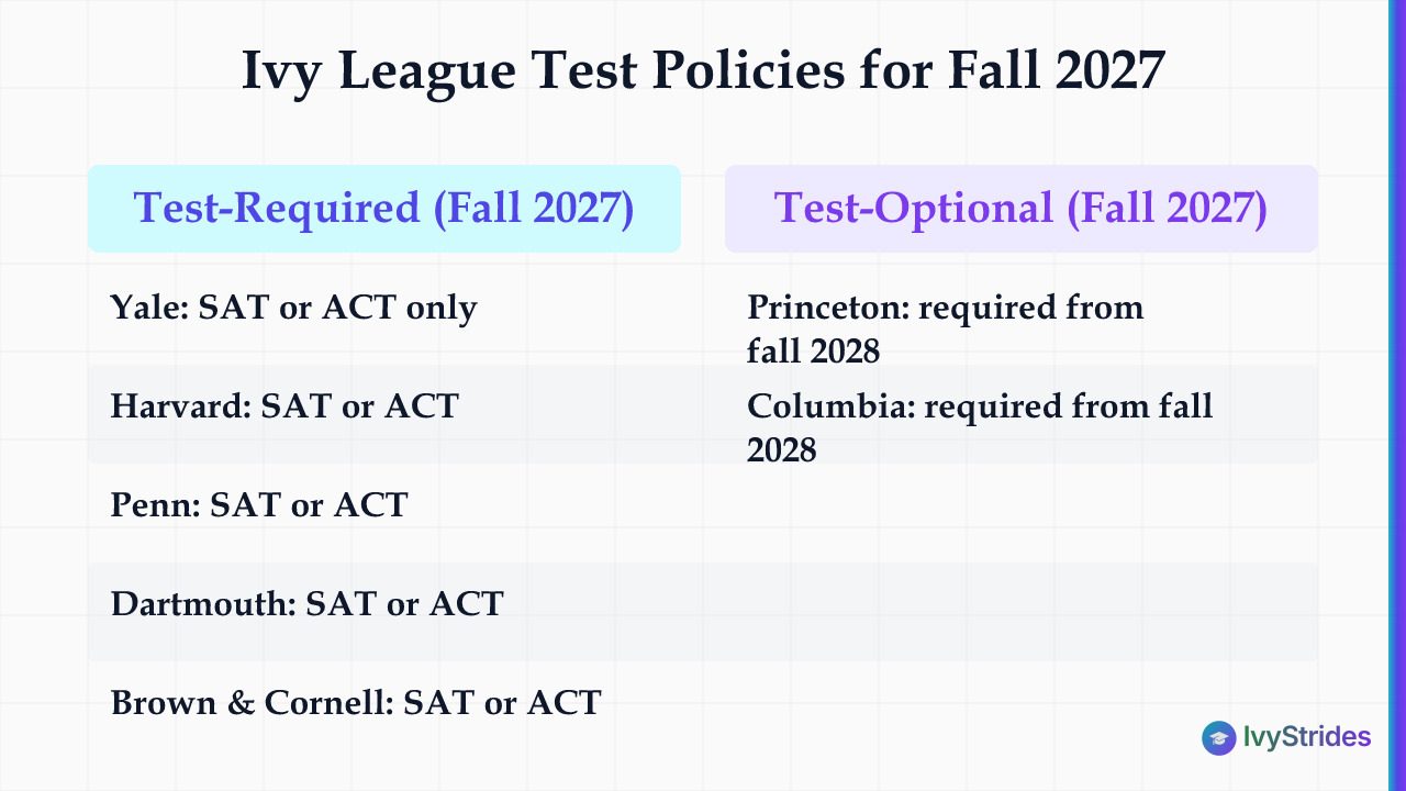 Comparison table of Ivy League fall 2027 test policies: six schools require SAT/ACT, Princeton and Columbia remain test-optio